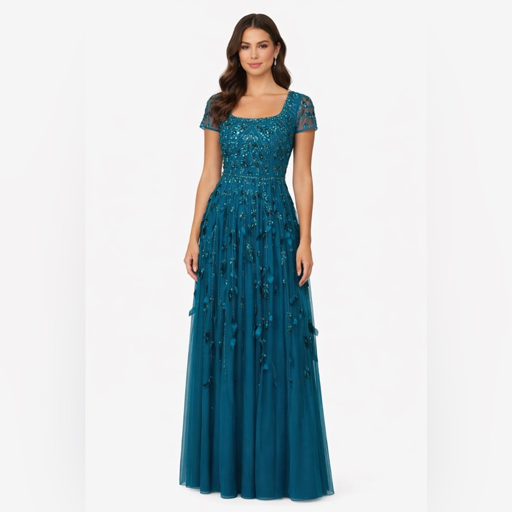 Adrianna Papell Teal Beaded Tulle Gown Size 4 NWT Black Tie Evening Formal GALA - Picture 5 of 5